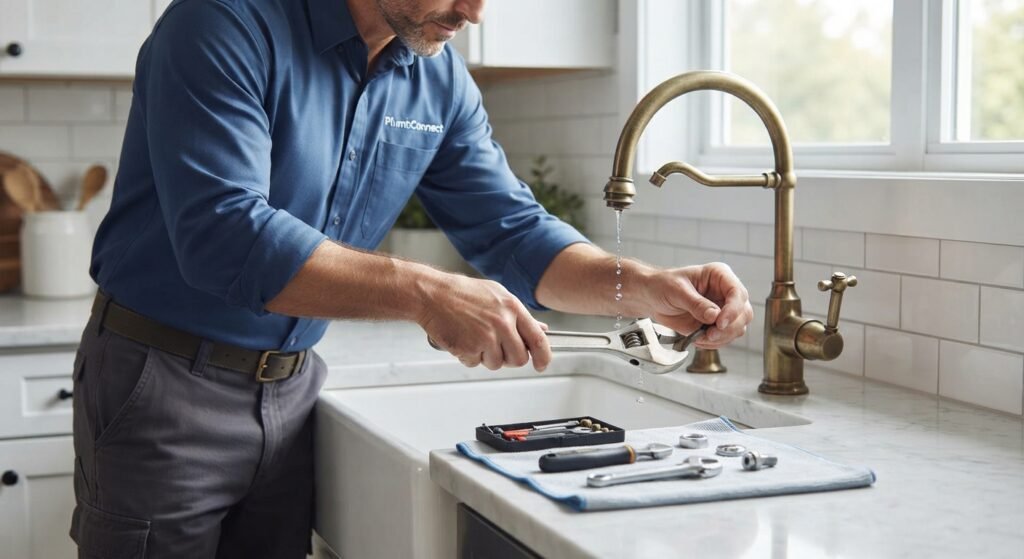 faucet repair, leaky faucet, fix bathroom tap, shower fixture repair, low water pressure, plumbing fixture services, PlumbConnect
